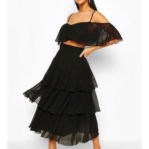 Boohoo Chiffon Top & Ruffle Midi Skirt Set